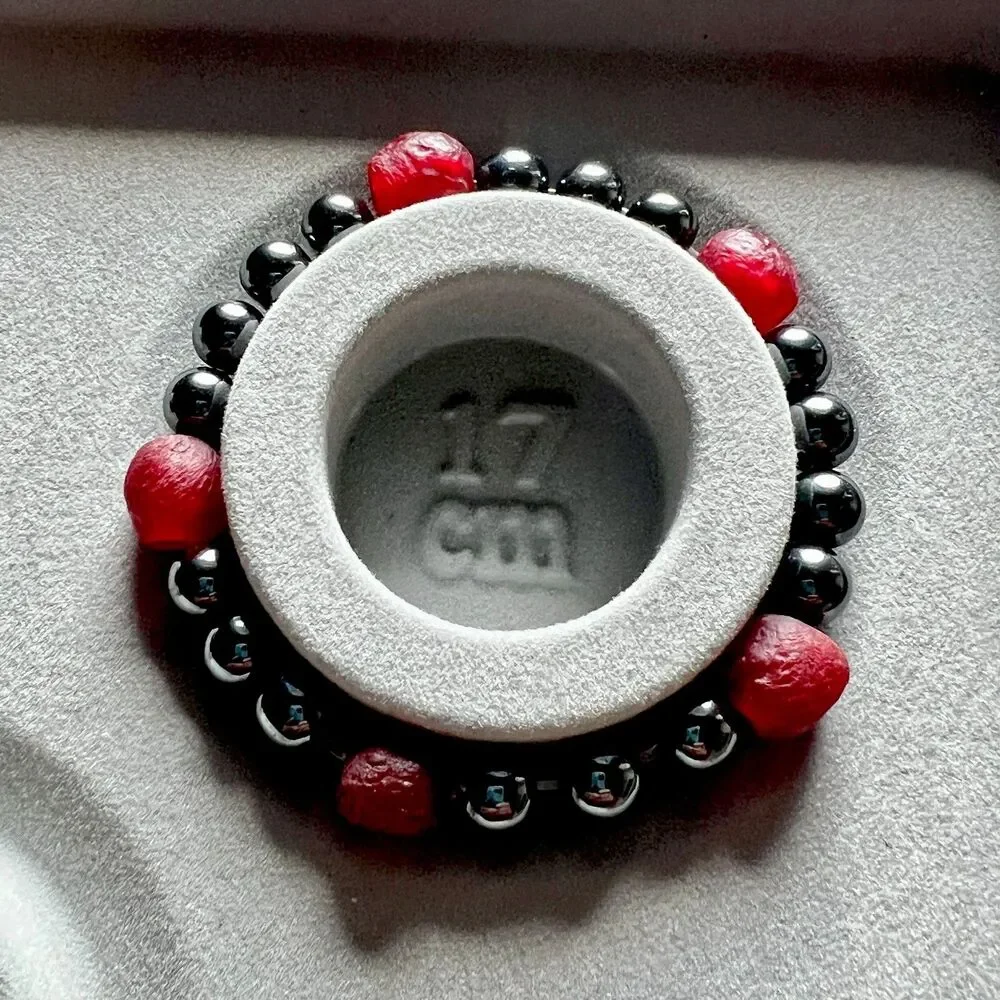 Hematite And Red African Glass Bead Stretch Bracelet 7.5